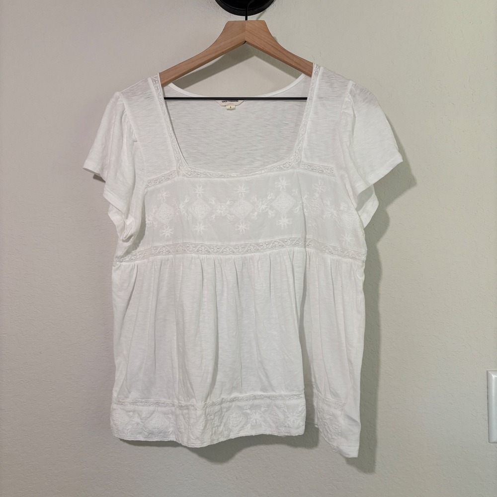 Lucky Brand Top Embroidered Babydoll L Cotton Modal White Boho Peasant Flutter